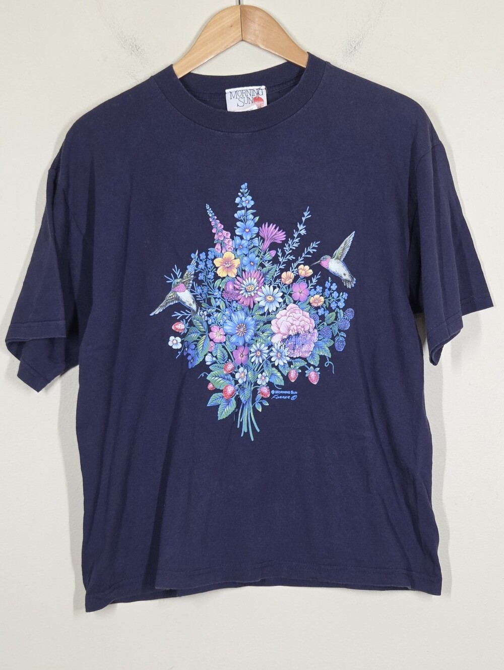 Vtg 90s Morning Sun Floral Hummingbird T-Shirt PL Granny Cottagecore Garden